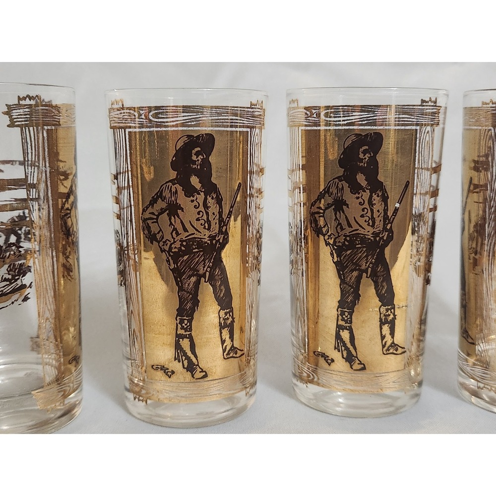 Rare MCM Charles Russell Cowboy Western 24K Gold  Highball Glass EUC Set Of 4 - Picture 2 of 8